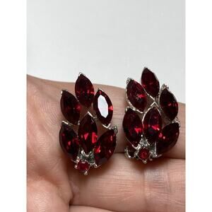 Vintage Earrings Crystal Glass Red Wine Clips Clip Ons Silver Tone Estate